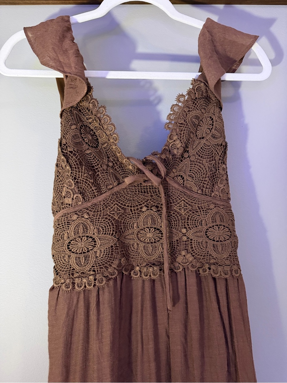 Palm & Flower Brown Celchet Lace Boho Maxi dress, M NWT Open Back